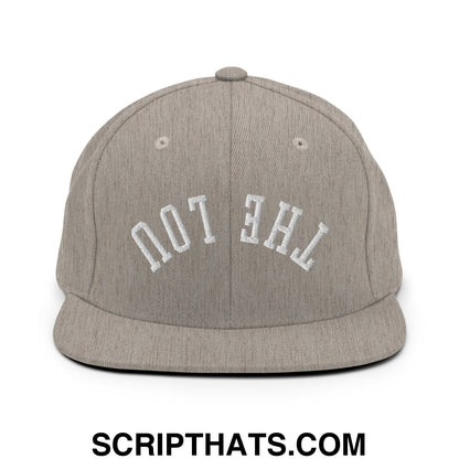 Gray heather snapback cap with white embroidered the lou lettering and flat bill brim in upside down design