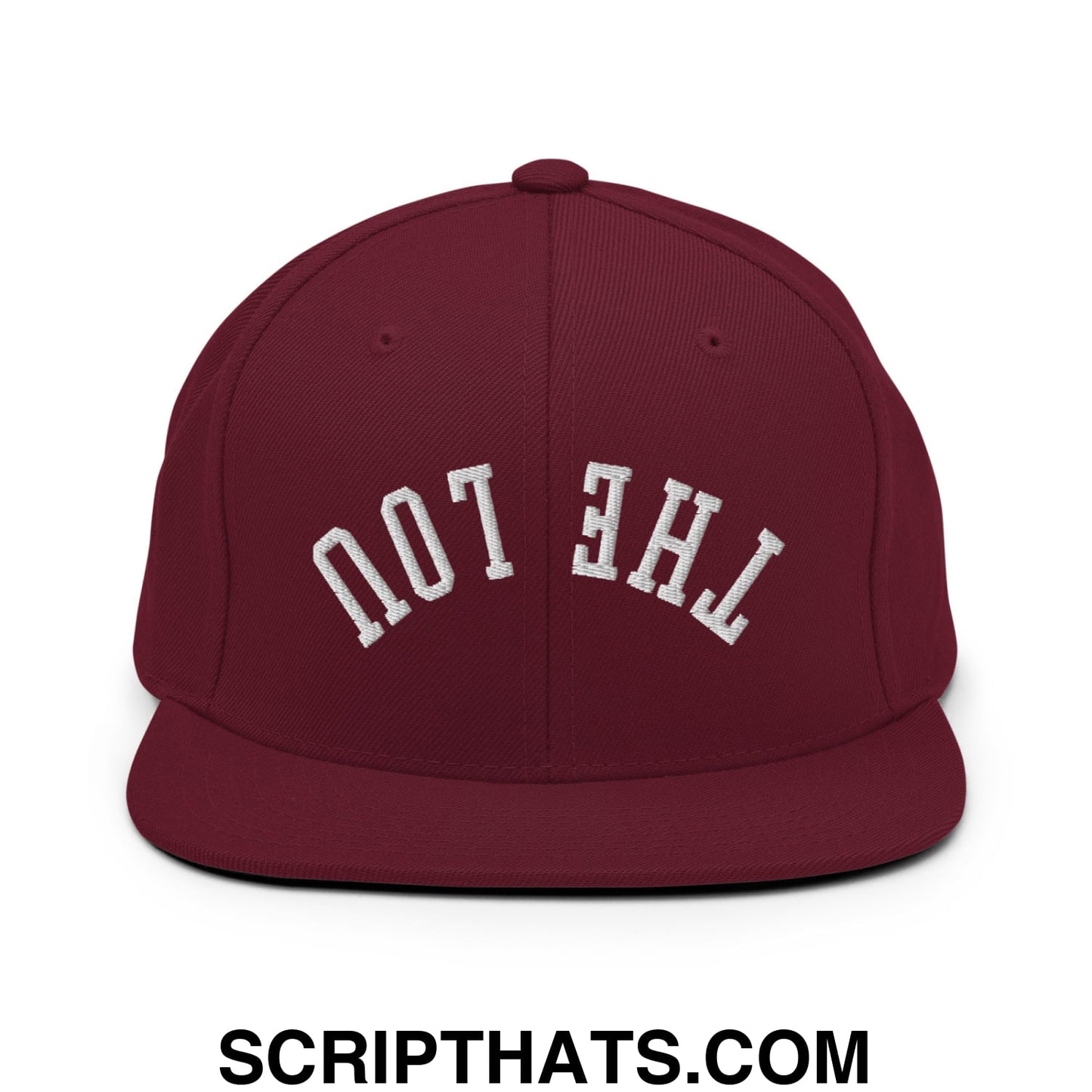 Maroon snapback hat with white embroidered the lou text in classic arch font and flat bill brim