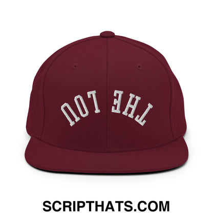 Maroon snapback hat with white embroidered the lou text in classic arch font and flat bill brim