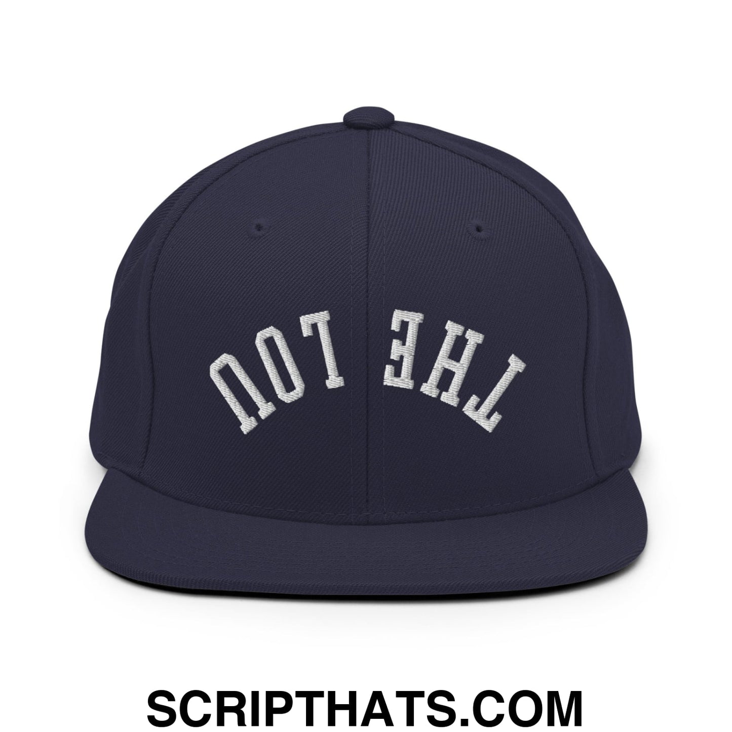 Navy blue snapback cap with white arched the lou embroidery and a flat bill brim in upside down style