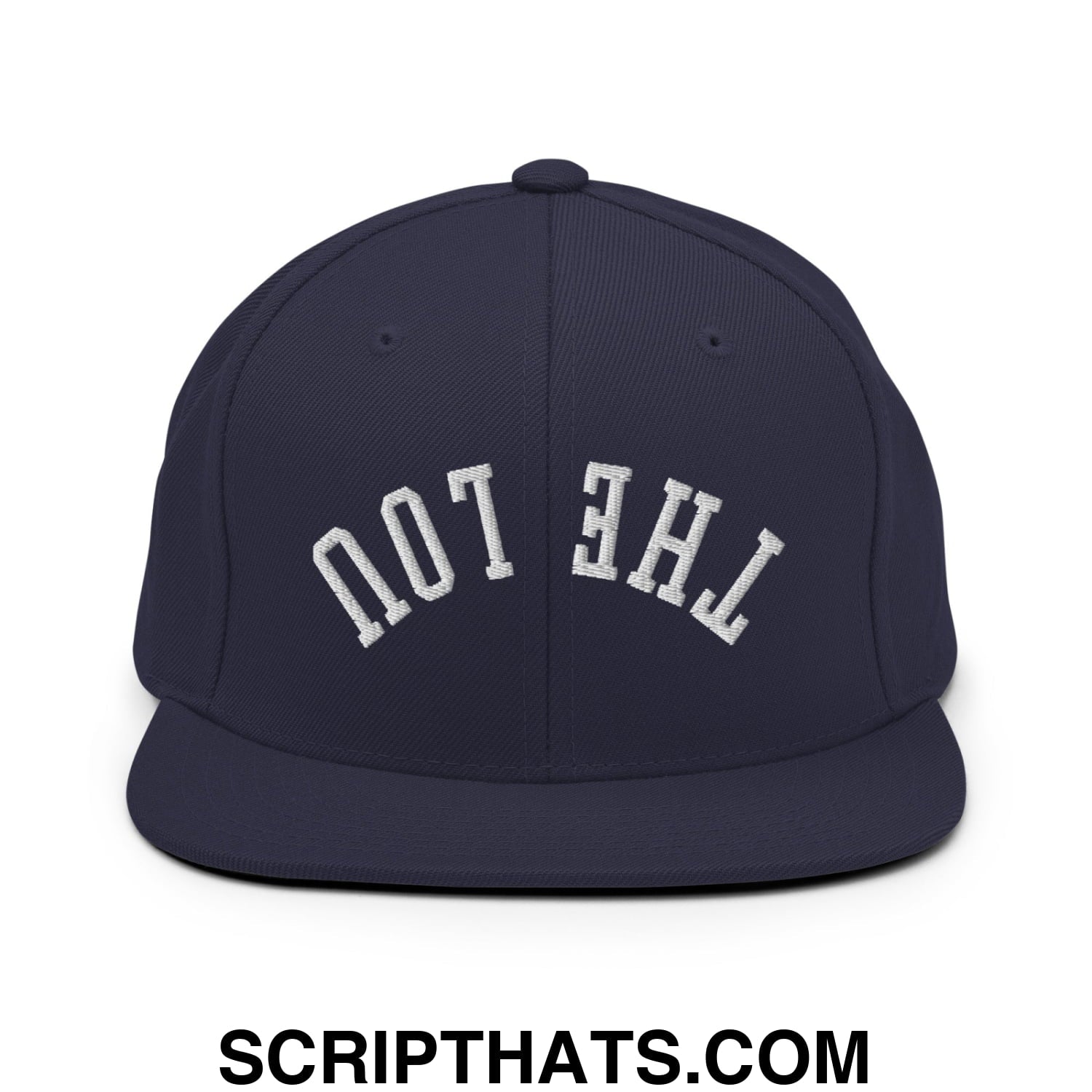 Navy blue snapback cap with white arched the lou embroidery and a flat bill brim in upside down style