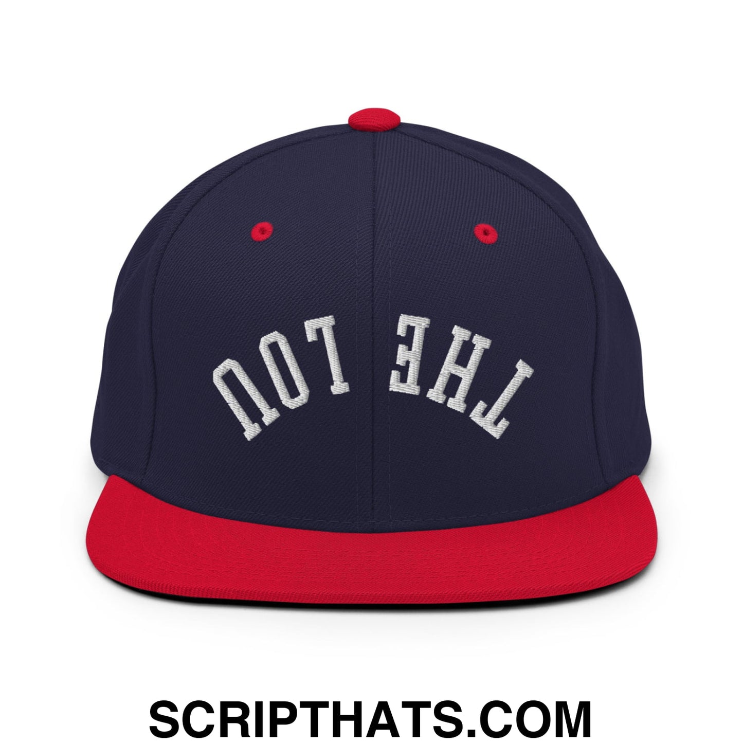 Navy blue and red snapback cap with white embroidered the lou text and a flat bill brim in a sporty style