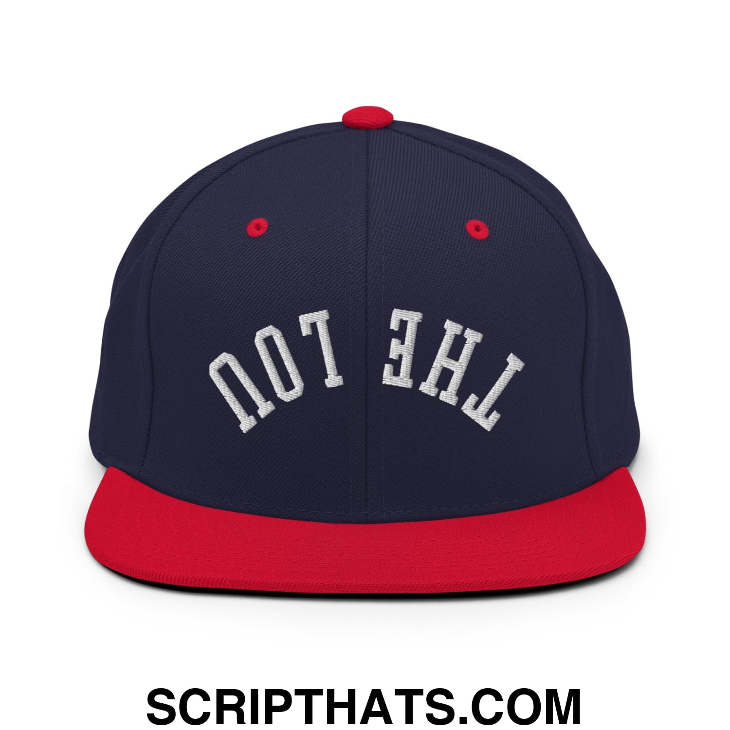 Navy blue and red snapback cap with white embroidered the lou text and a flat bill brim in a sporty style