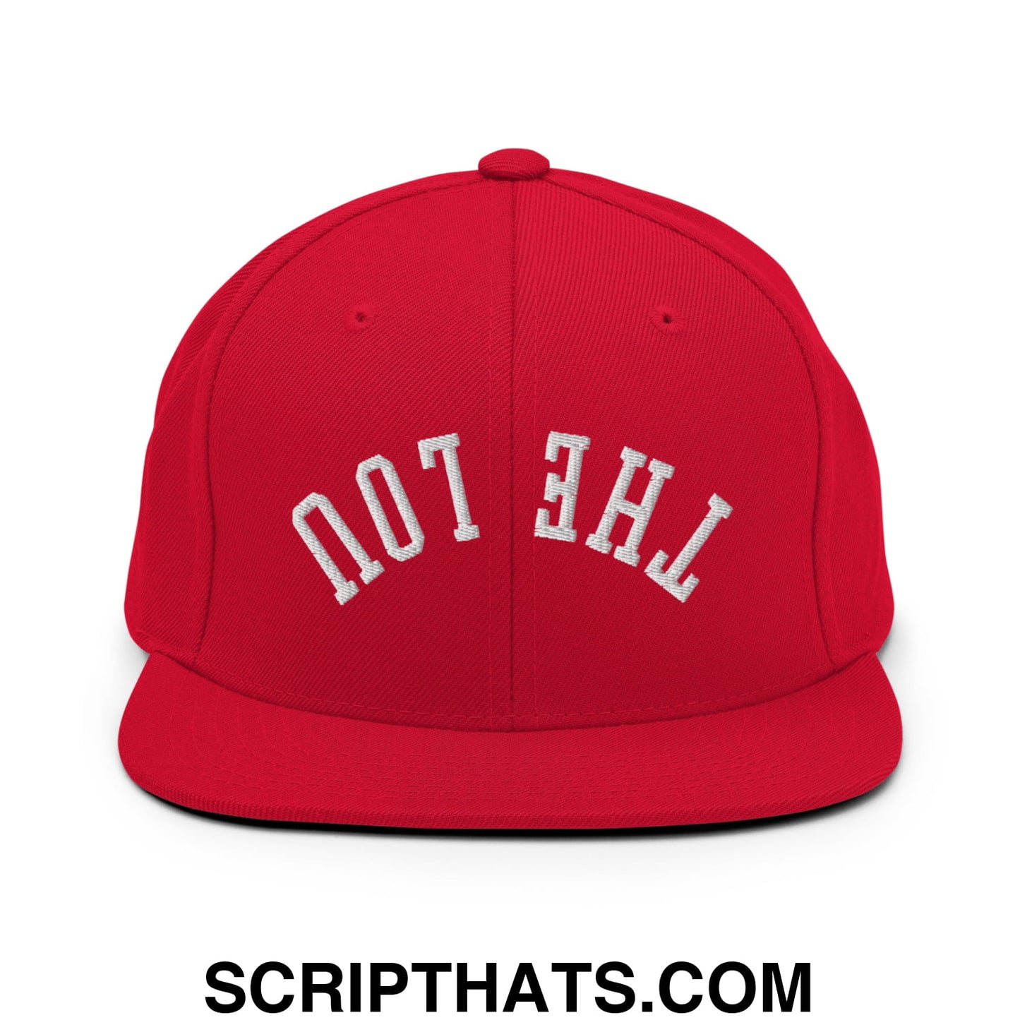 Red snapback cap with white embroidered the lou text and flat bill brim in Upside Down style