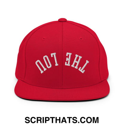 Red snapback cap with white embroidered the lou text and flat bill brim in Upside Down style