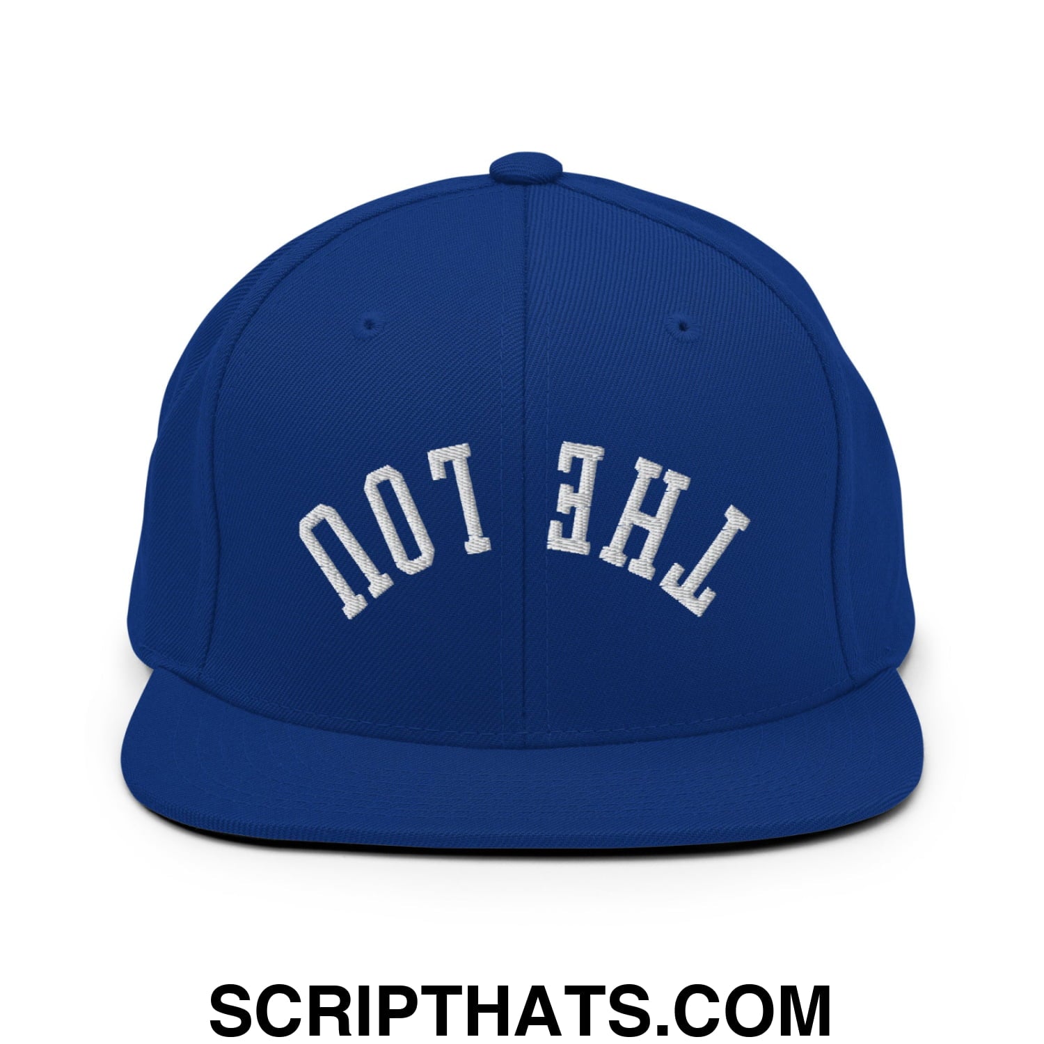 Royal blue snapback hat with white arched embroidery reading not the flat bill brim in upside down the lou design