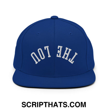 Royal blue snapback hat with white arched embroidery reading not the flat bill brim in upside down the lou design