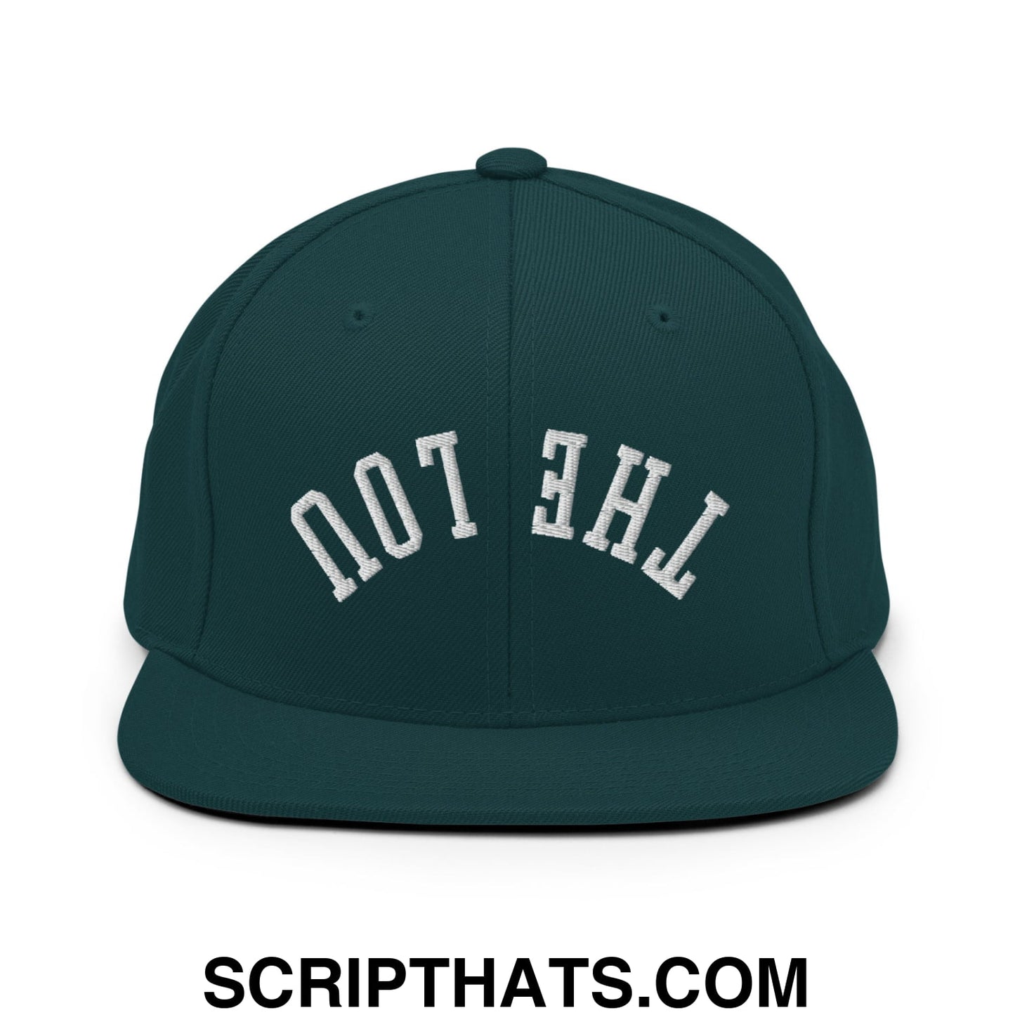 Dark green snapback cap with white embroidered the ton text in classic arched font flat bill brim style