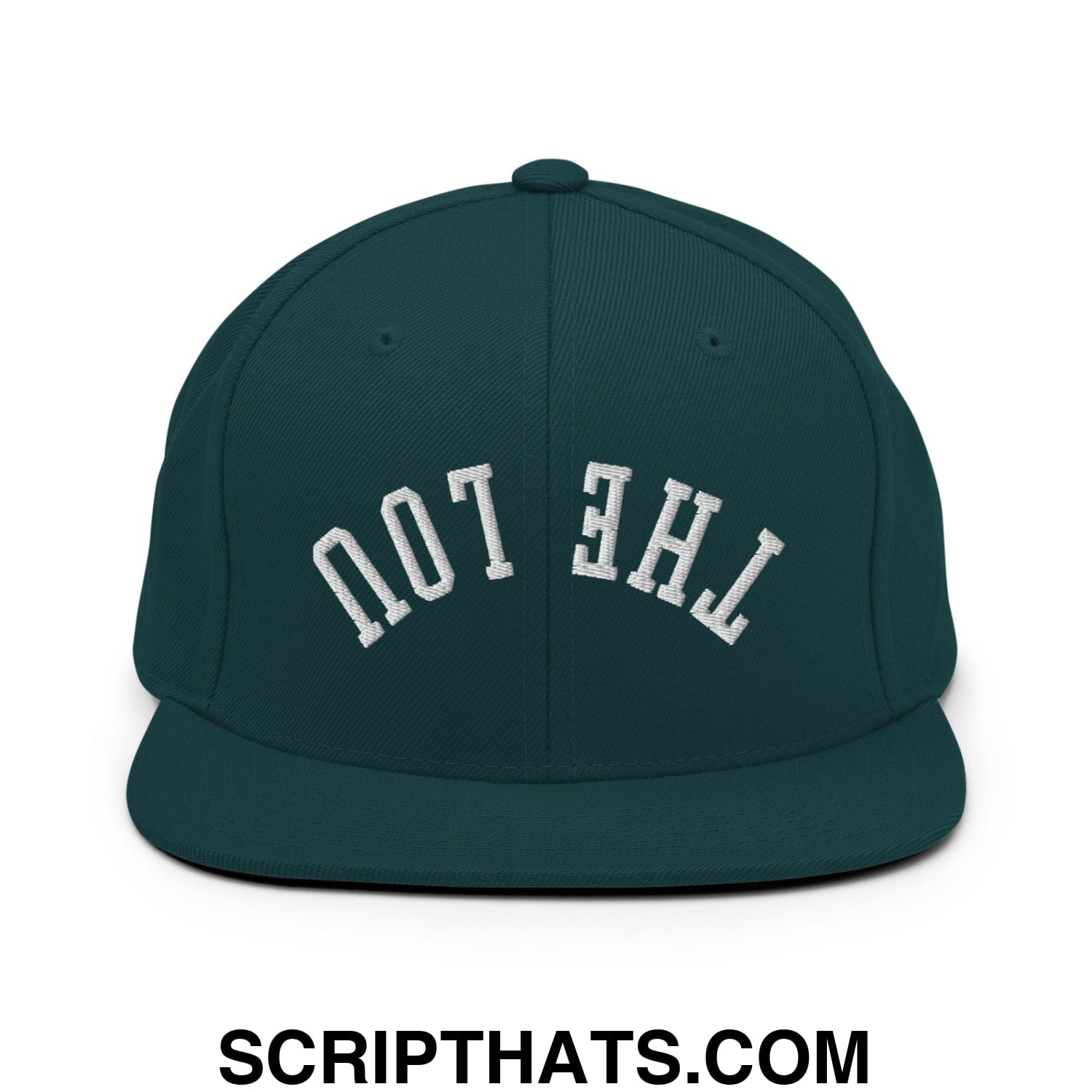 Dark green snapback cap with white embroidered the ton text in classic arched font flat bill brim style