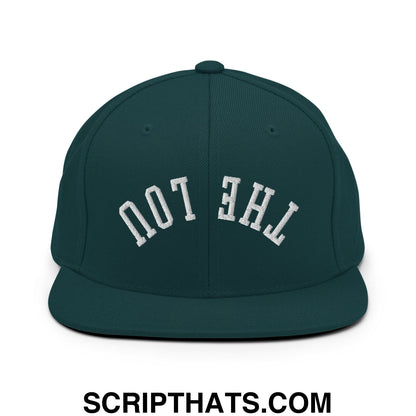 Dark green snapback cap with white embroidered the ton text in classic arched font flat bill brim style