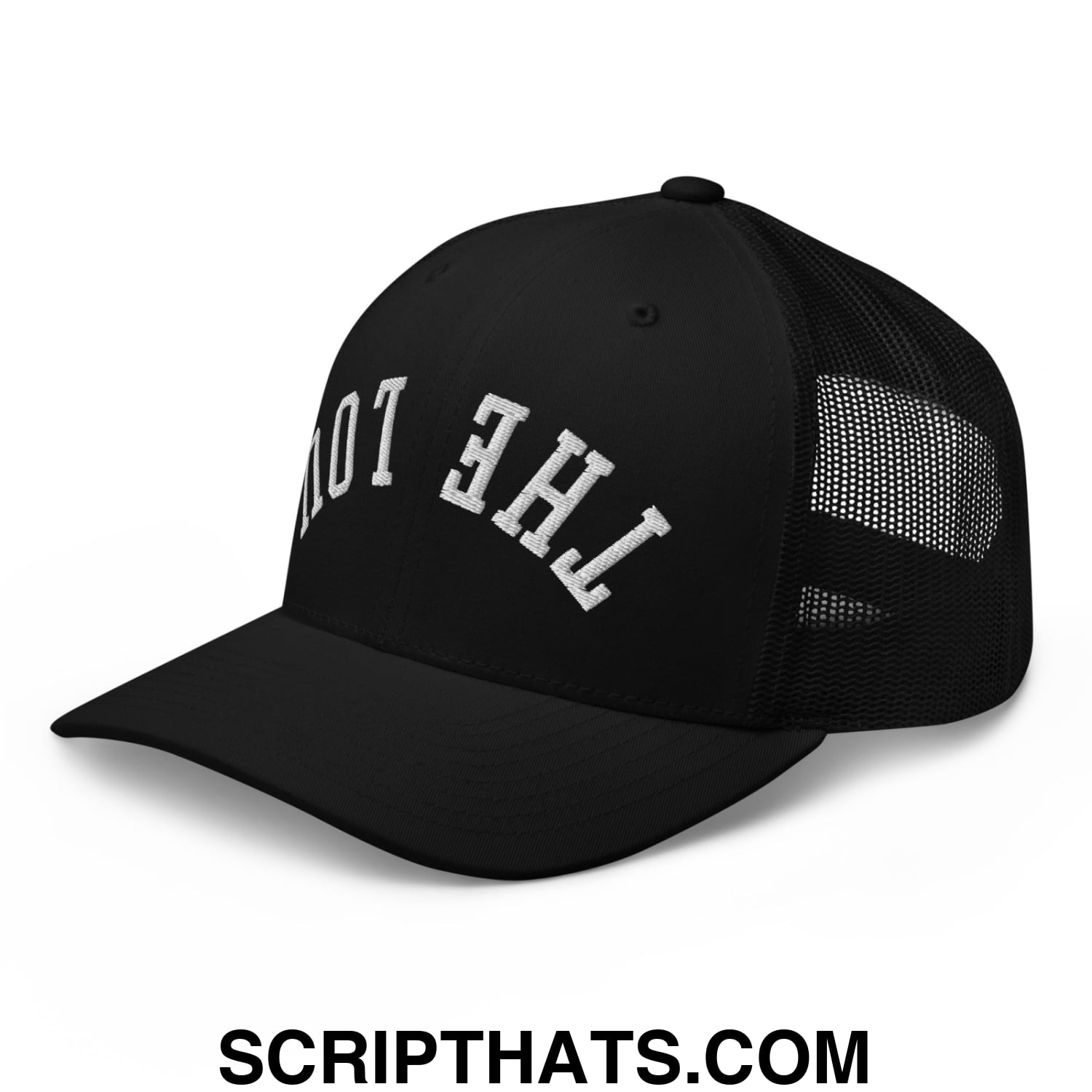 Black mesh trucker hat with white embroidered arch lettering reading the low on the front panel
