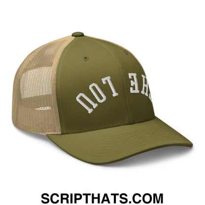 Olive green and tan mesh trucker hat with white embroidered upside down the lou lettering on front panel