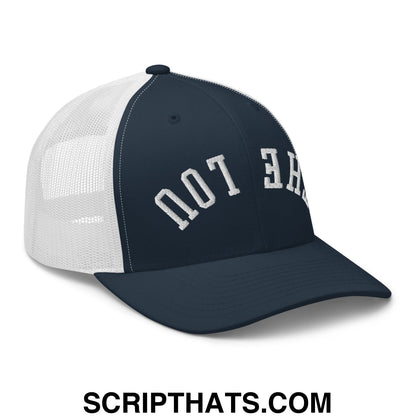 Navy blue and white mesh trucker hat with Upside Down The Lou embroidered not he in classic collegiate font