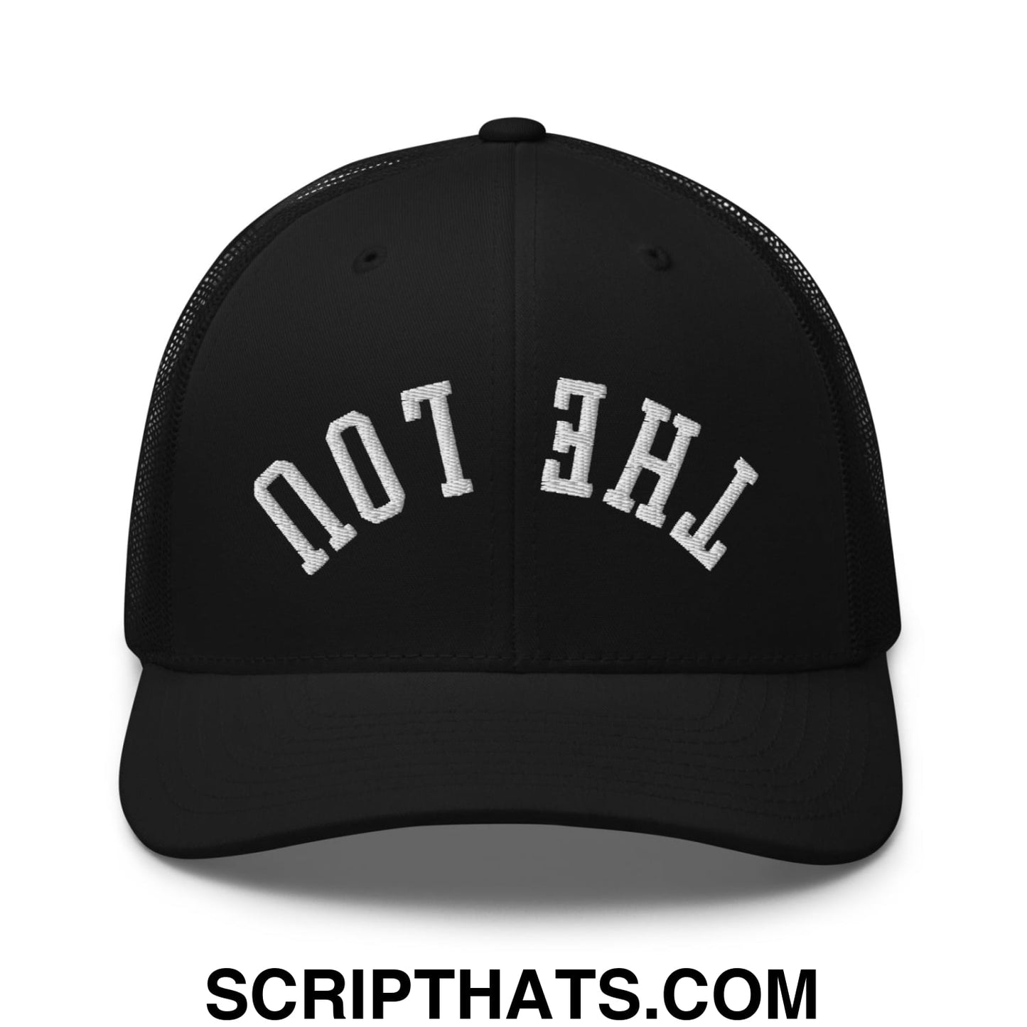 Black mesh trucker hat with white embroidered arched the lou text from upside down the lou embroidered mesh trucker hat