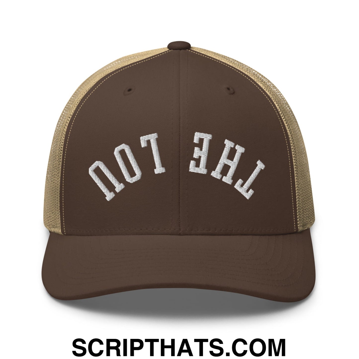 Brown and tan mesh trucker hat with white embroidered the lou text in an arched design by Upside Down