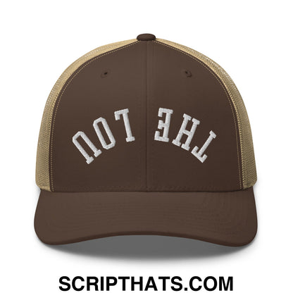 Brown and tan mesh trucker hat with white embroidered the lou text in an arched design by Upside Down