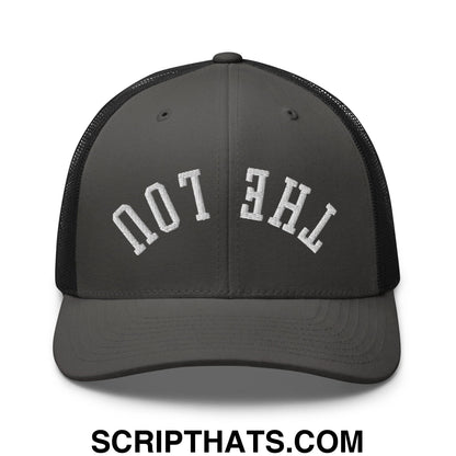 Dark gray mesh trucker hat with white embroidered the lou text in an arched design upside down the lou hat