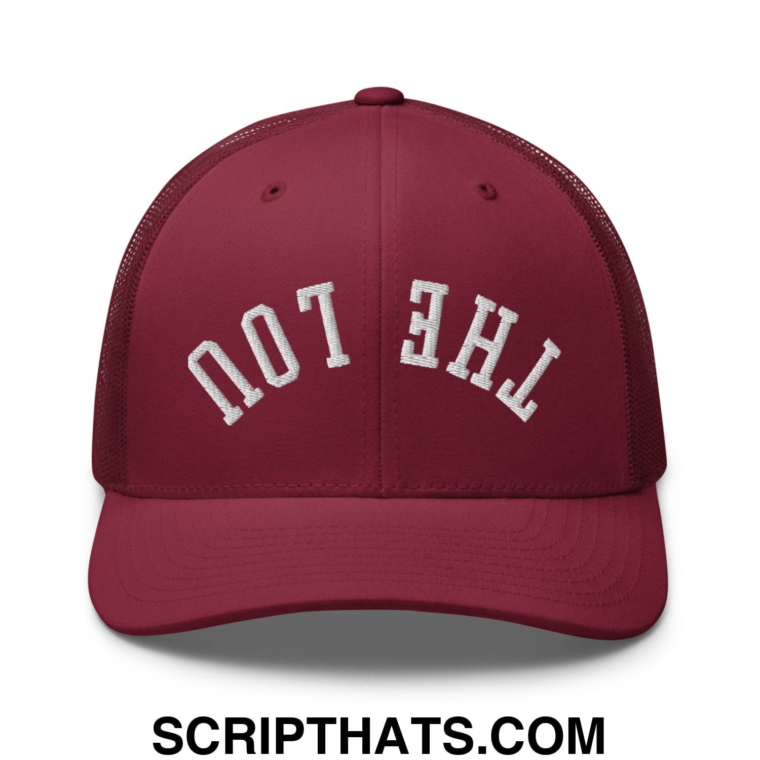 Maroon mesh trucker hat with white embroidered the lou text across the front in upside down style