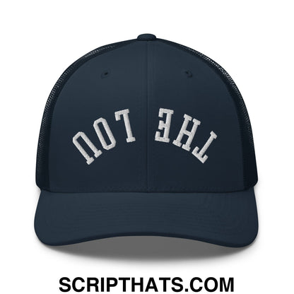 Dark navy mesh trucker hat with white embroidered arching text the toq on front from upside down the lou collection