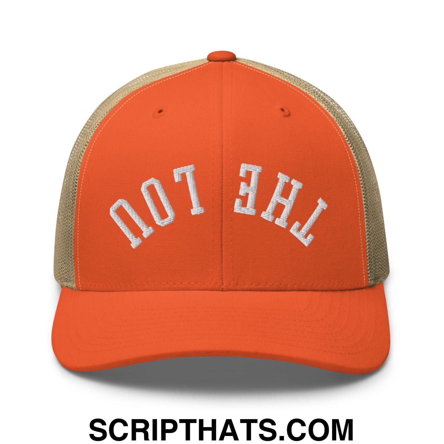 Orange and tan mesh trucker hat with white embroidered the lou text in an arched design by upside down