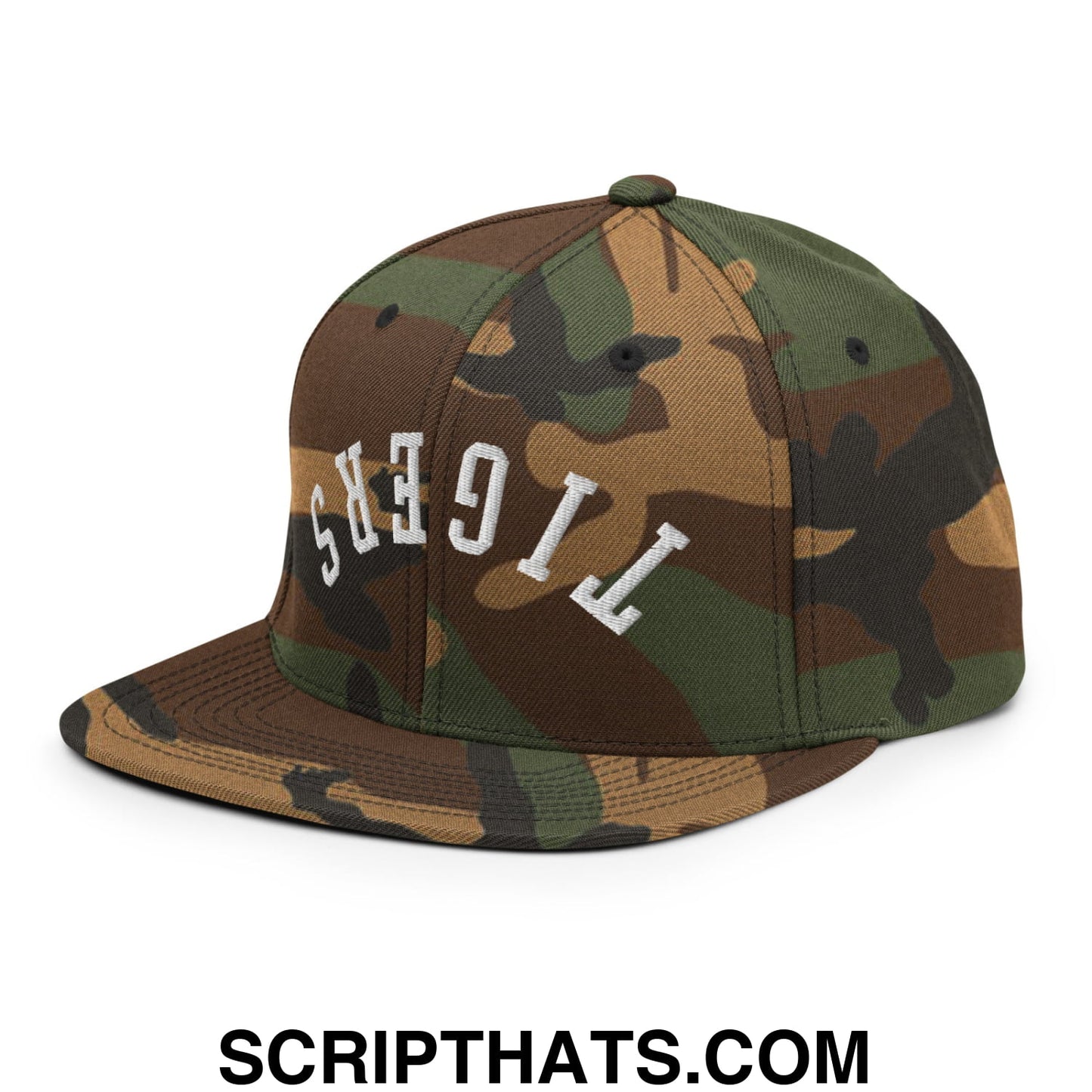 Upside Down Tigers Embroidered Flat Bill Brim Snapback Hat Green Camo