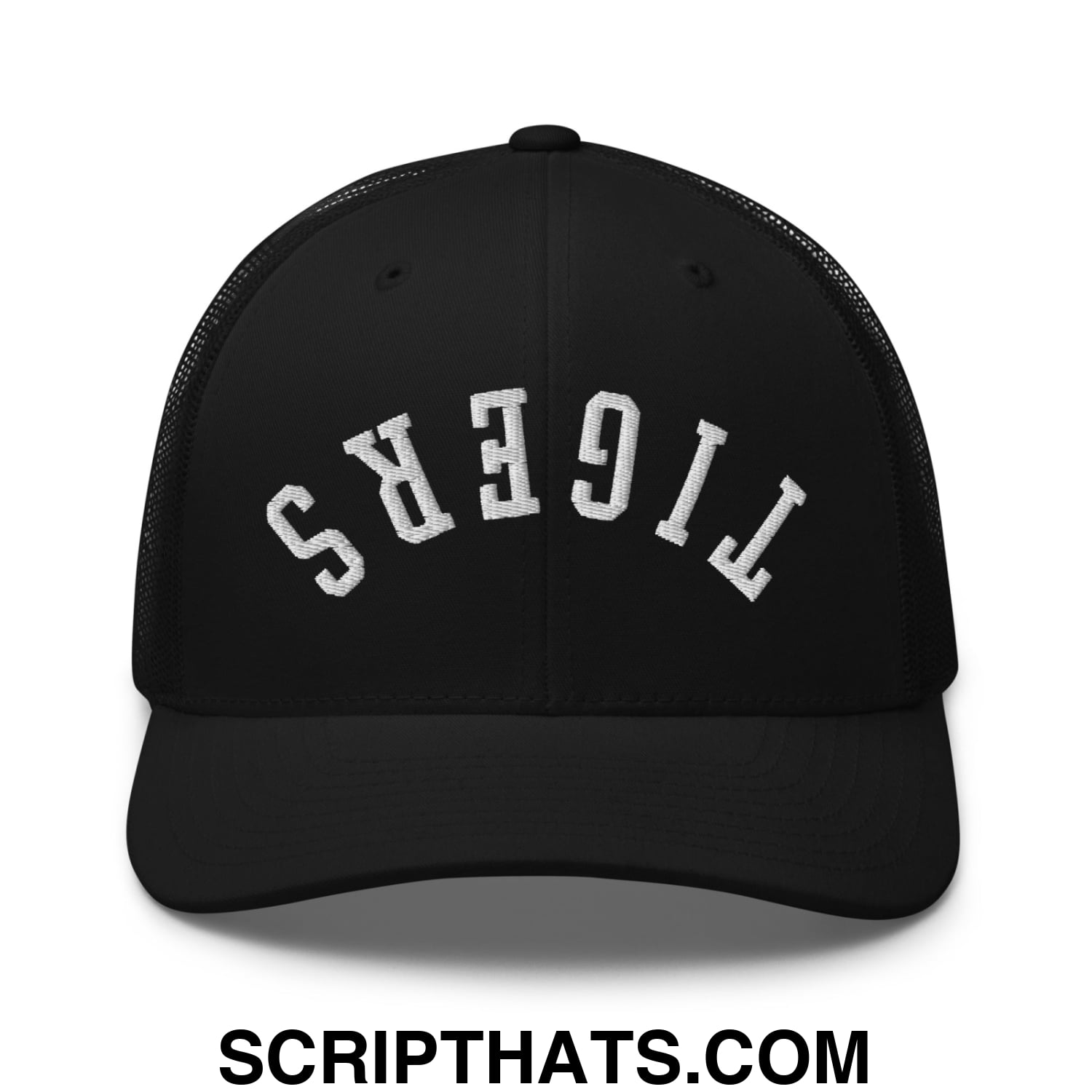 Black mesh trucker hat with white embroidered tigers lettering in an arched design upside down style