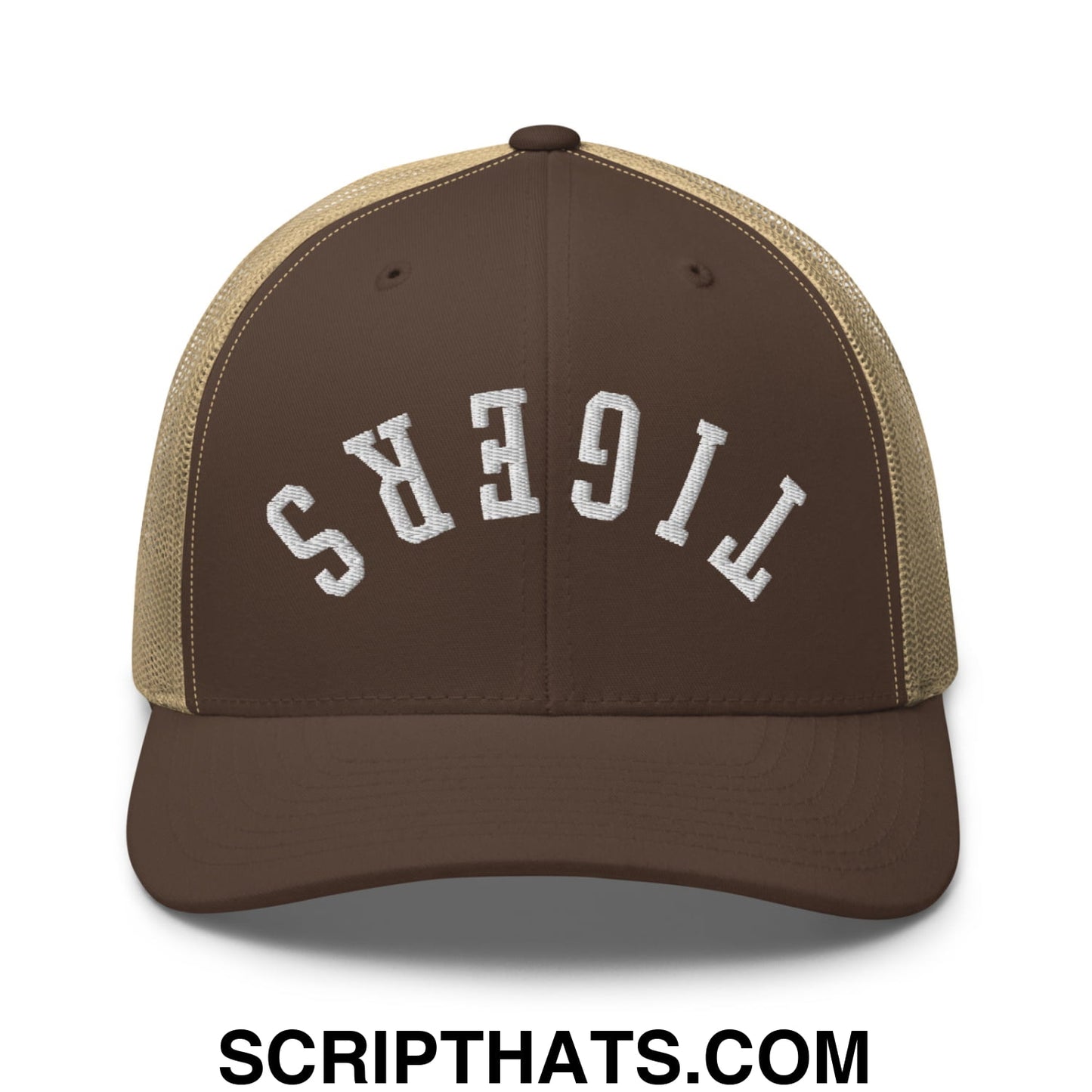 Brown and tan mesh trucker hat with upside down tigers embroidered in white arched lettering on front panel