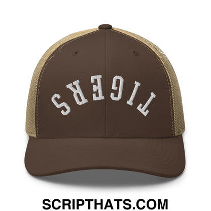 Brown and tan mesh trucker hat with upside down tigers embroidered in white arched lettering on front panel