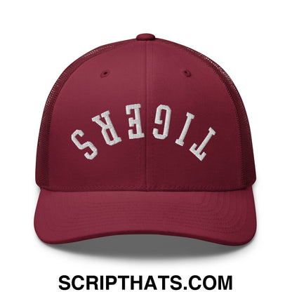 Maroon mesh trucker hat with white embroidered tigers lettering front in upside down tigers embroidered design
