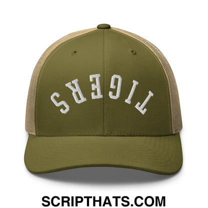 Olive green and tan mesh trucker hat with white embroidered tigers lettering from upside down tigers collection