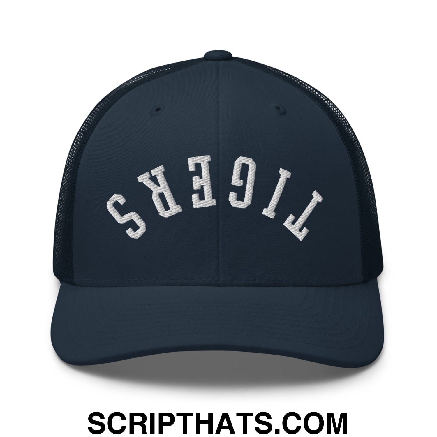 Navy blue mesh trucker hat with white embroidered tigers lettering in an arched design called upside down tigers hat