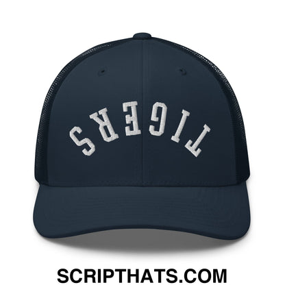 Navy blue mesh trucker hat with white embroidered tigers lettering in an arched design called upside down tigers hat
