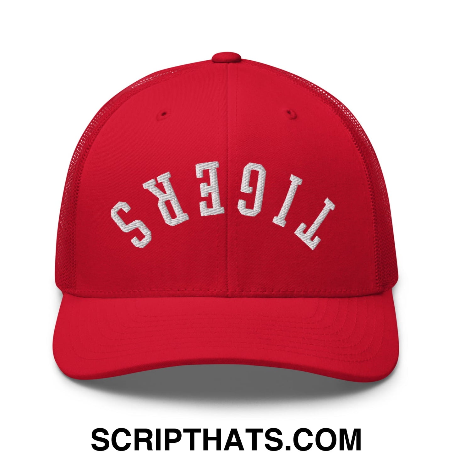 Red mesh trucker hat with white embroidered tigers lettering in upside down tigers embroidered mesh trucker hat design