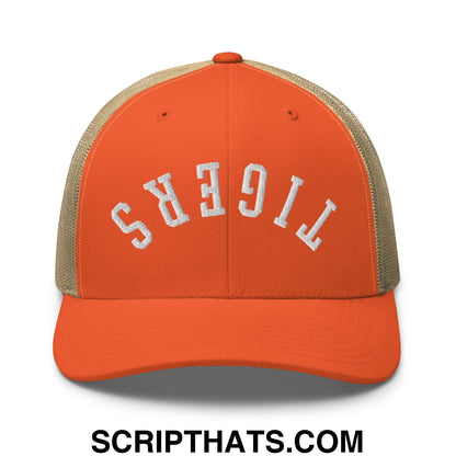 Orange and beige mesh trucker hat with tigers embroidered in white arched lettering titled Upside Down Tigers hat