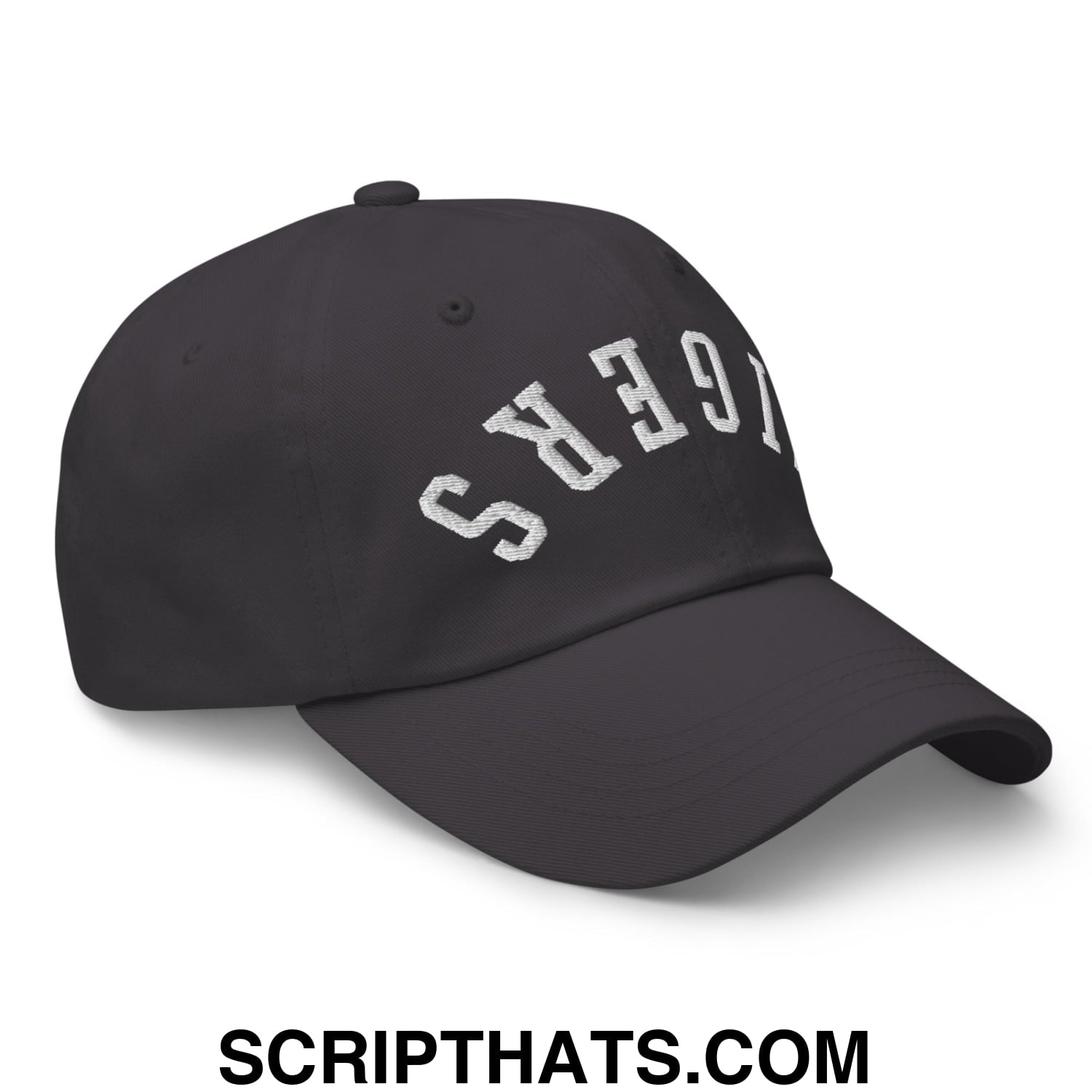 Black unstructured dad hat with white embroidered tigers lettering in an arched design for casual wear