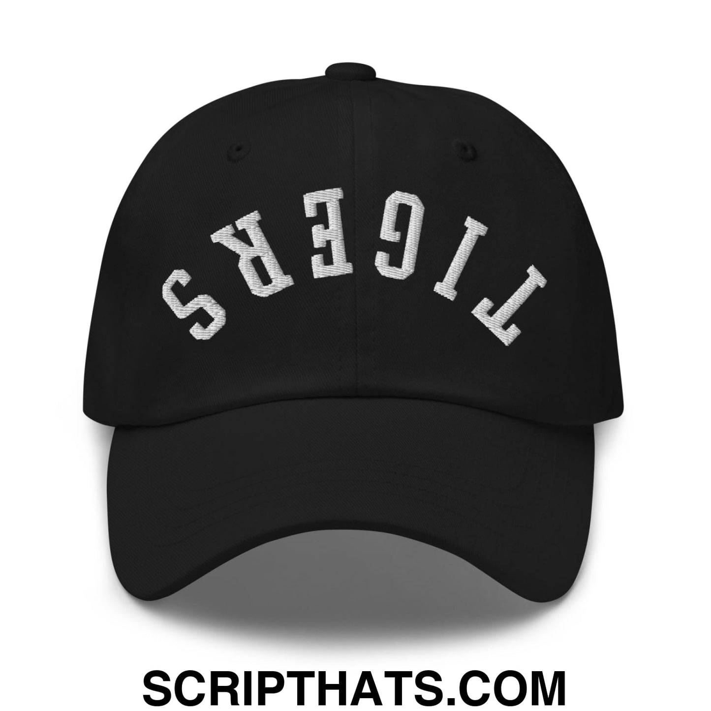 Black upside down tigers embroidered unstructured dad hat with white arched lettering on front panel