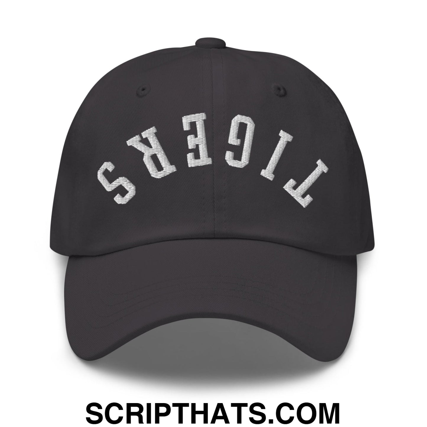 Black unstructured dad hat with white embroidered tigers lettering in an arched design called upside down tigers embroidered hat