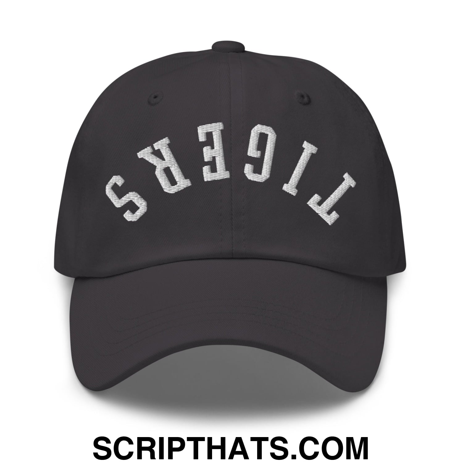 Black unstructured dad hat with white embroidered tigers lettering in an arched design called upside down tigers embroidered hat