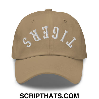 Tan upside down tigers embroidered unstructured dad hat with white stitched lettering in an arched design