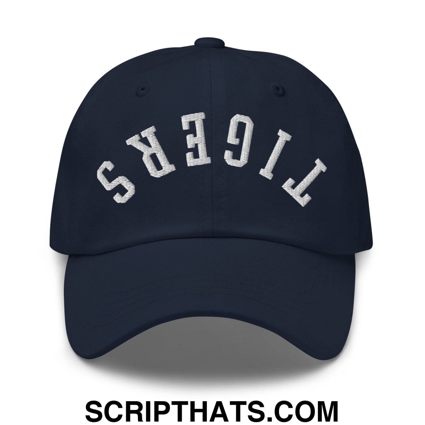Navy blue unstructured dad hat with white embroidered tigers lettering in an arched design