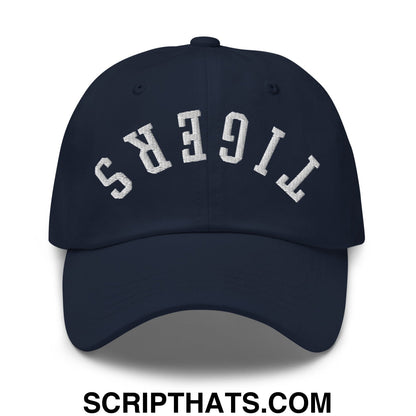 Navy blue unstructured dad hat with white embroidered tigers lettering in an arched design