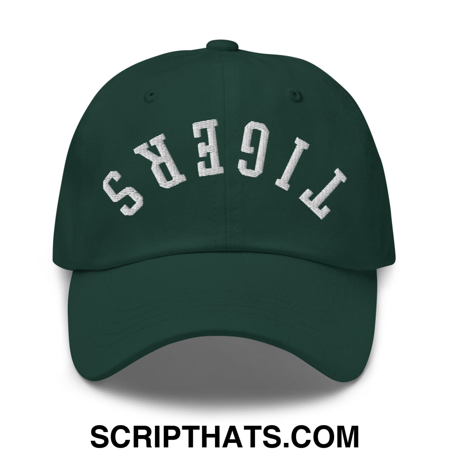 Dark green unstructured dad hat with white embroidered tigers lettering in an arched design