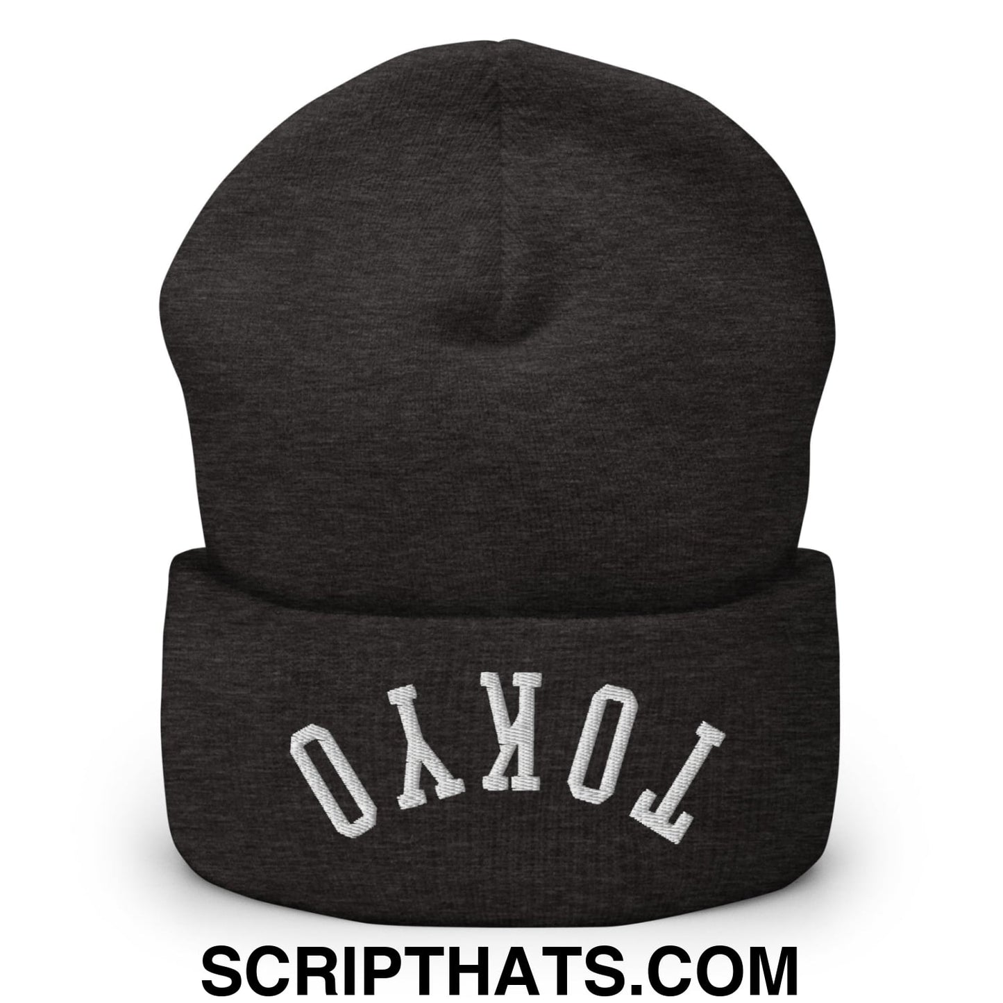Upside Down Tokyo Embroidered Cuffed Knit Beanie Dark Grey
