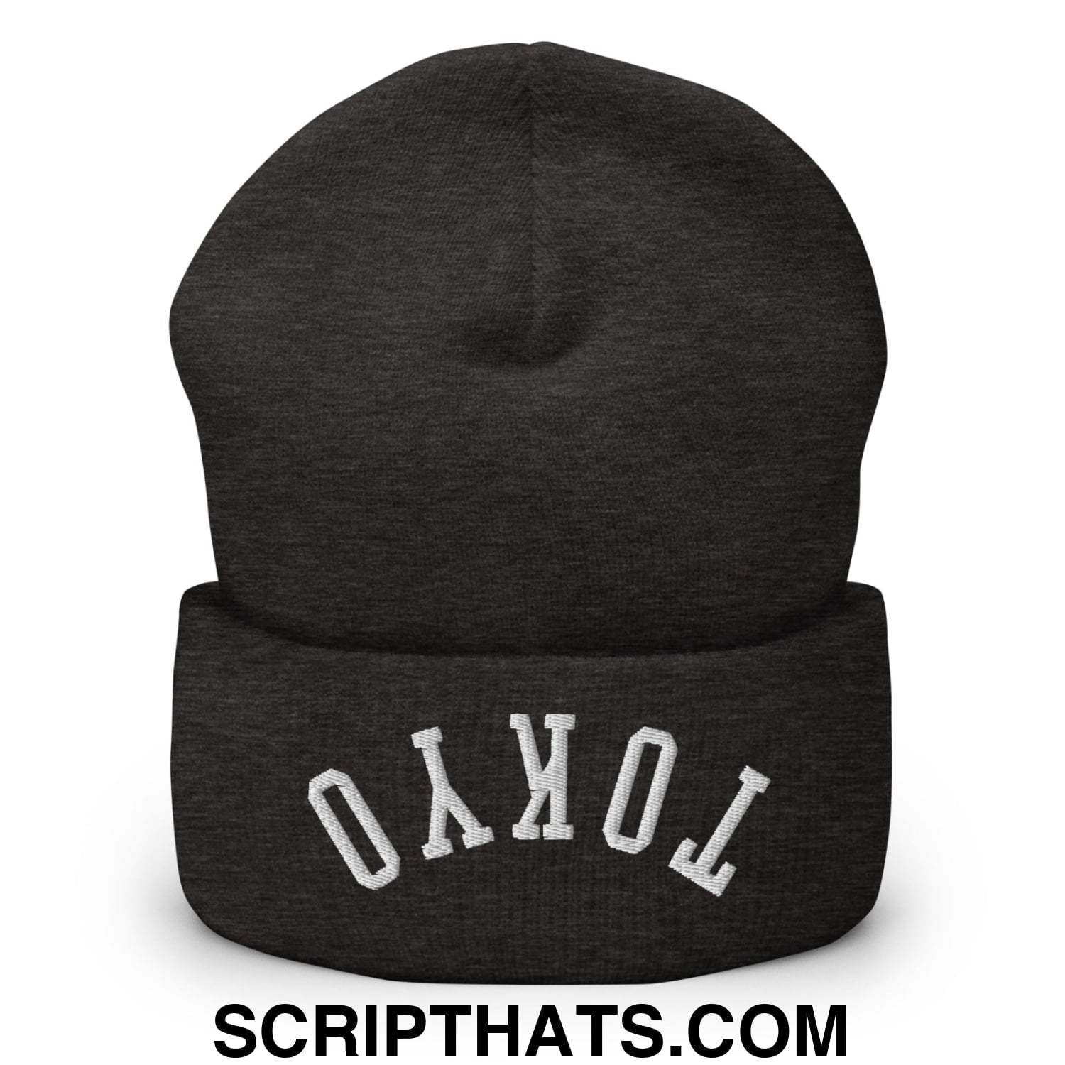 Upside Down Tokyo Embroidered Cuffed Knit Beanie Dark Grey