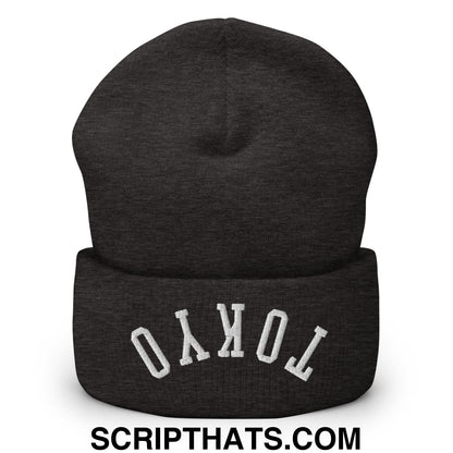 Upside Down Tokyo Embroidered Cuffed Knit Beanie Dark Grey