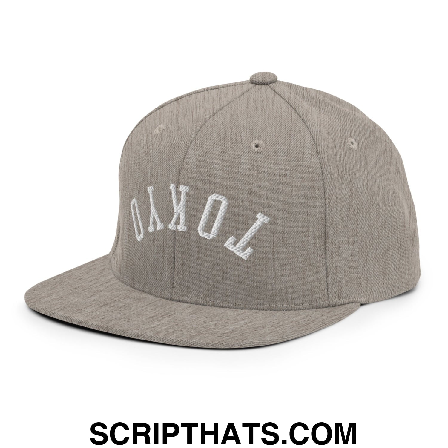 Upside Down Tokyo Embroidered Flat Bill Brim Snapback Hat Heather Grey