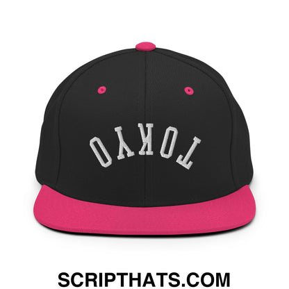 Upside Down Tokyo Embroidered Flat Bill Brim Snapback Hat Black Neon Pink