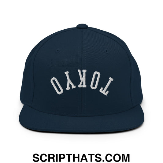 Upside Down Tokyo Embroidered Flat Bill Brim Snapback Hat Dark Navy