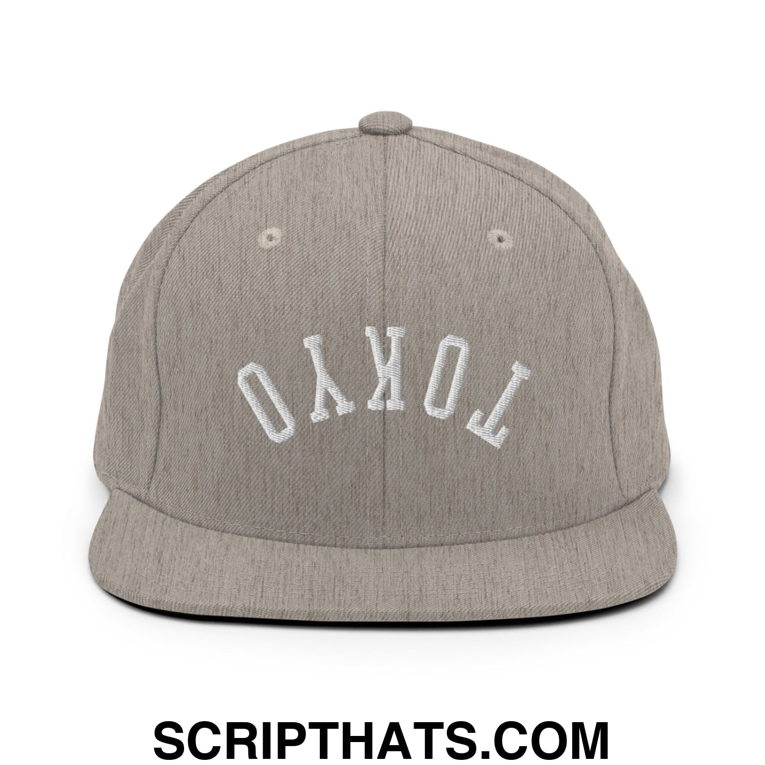 Upside Down Tokyo Embroidered Flat Bill Brim Snapback Hat Heather Grey