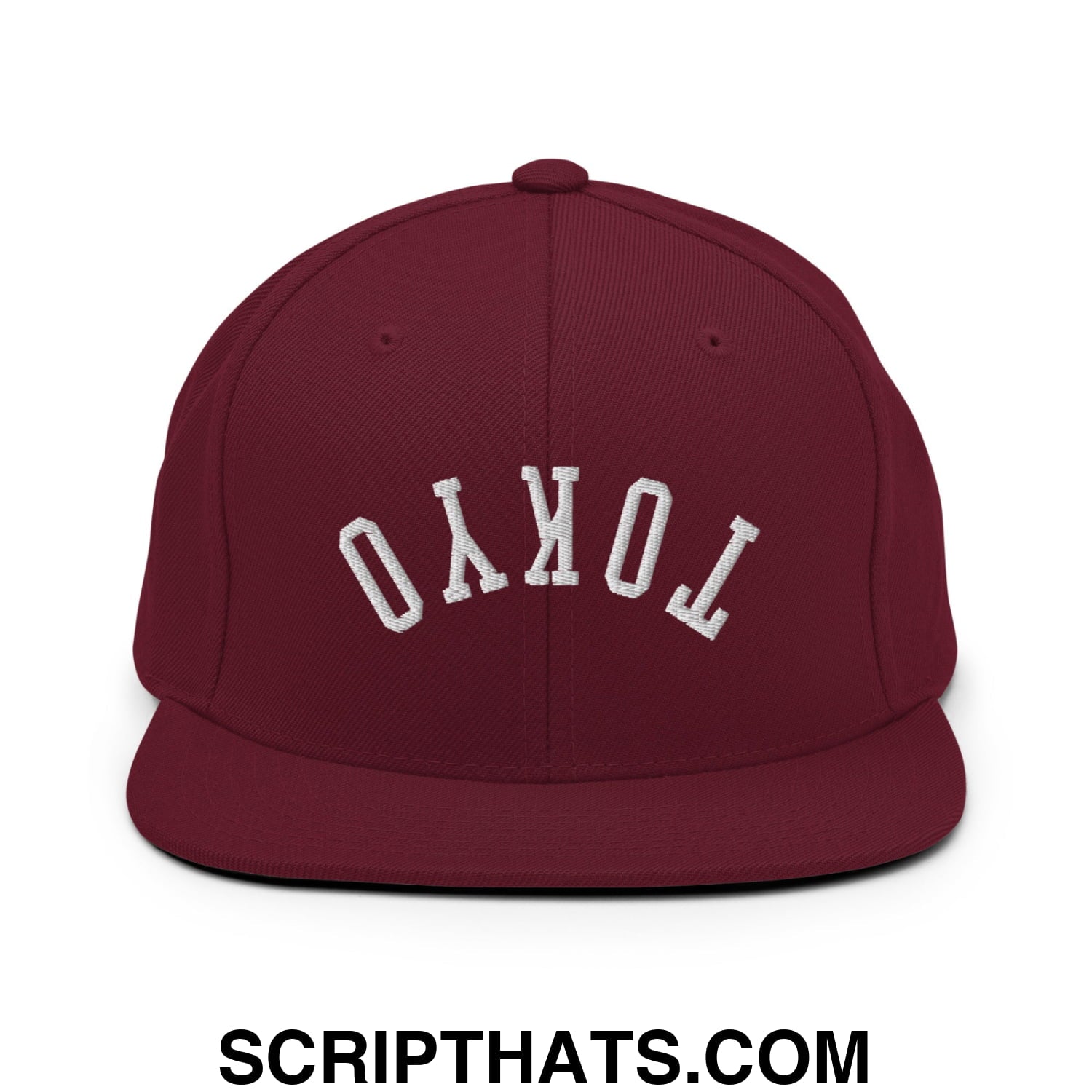 Upside Down Tokyo Embroidered Flat Bill Brim Snapback Hat Maroon